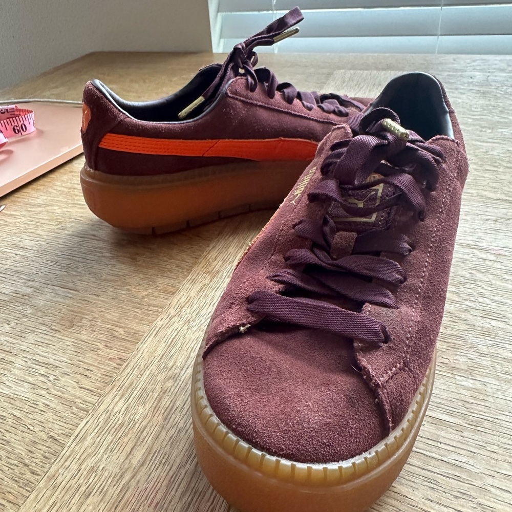 Women’s Puma Suede Platform Trace Sneakers in “Winetasting Flame” - Picture 6 of 11